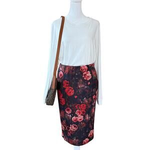 Saks Fifth Avenue Floral Pencil Skirt Midi Womens SP Black Red Rose Stretch